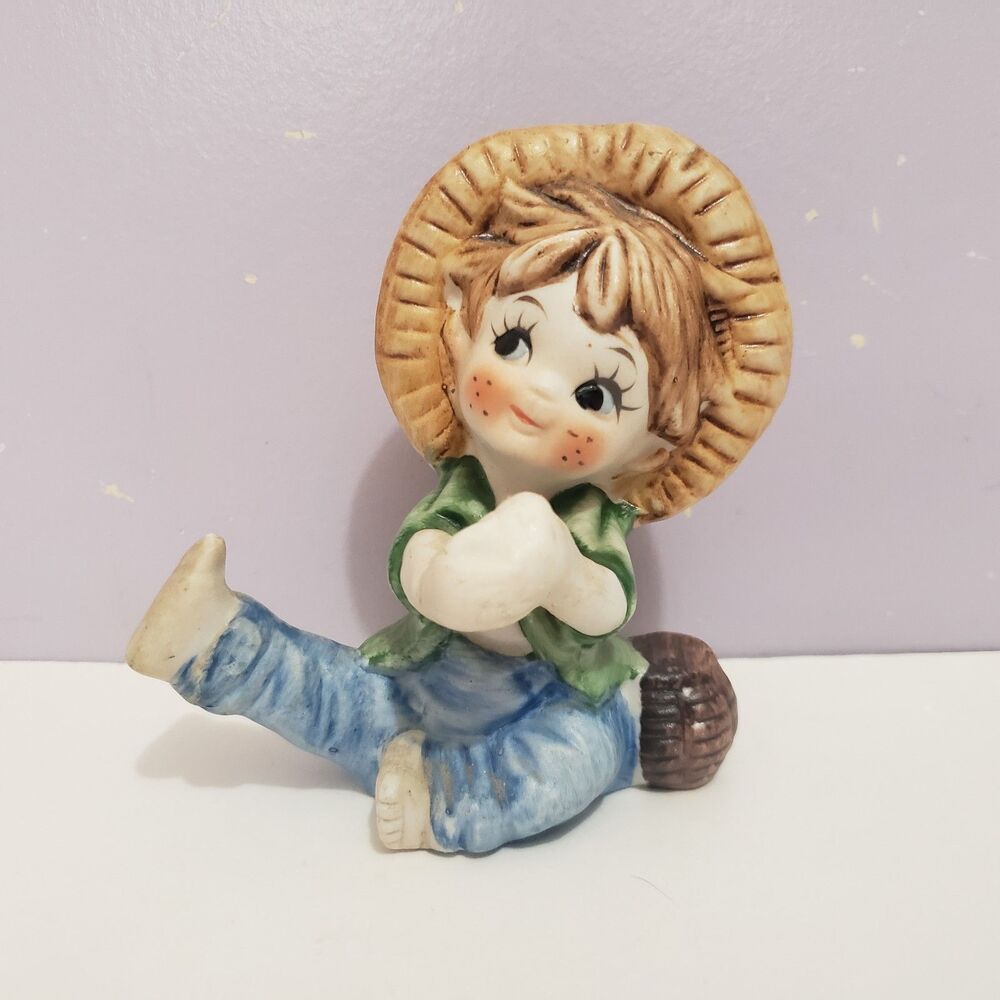 Vintage Little Boy  Farmer Hillbilly Fishing Bisque Figurine 4"×3" Country